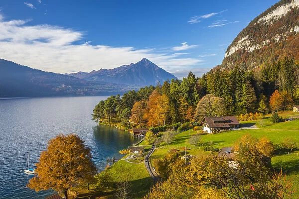 Sundlauenen with Niesen mountain and Lake Thun, Berner Oberland, Switzerland
