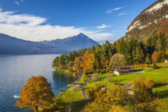Framed Print : Sundlauenen with Niesen mountain and Lake Thun, Berner Oberland, Switzerland Framed Print : Sundlauenen with Niesen mountain and Lake Thun, Berner Oberland, Switzerland