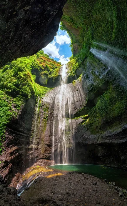 Framed Print : Sunlight breaks through the canyon as Madakaripura Waterfall tumbles into the green pool below, Bromo, East Java, Indonesia Framed Print : Sunlight breaks through the canyon as Madakaripura Waterfall tumbles into the green pool below, Bromo, East Java, Indonesia