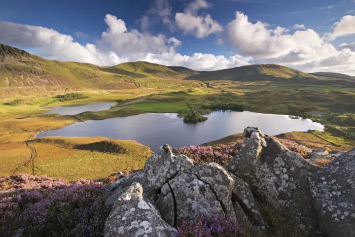 Framed Print : Sunlit mountains surrounding Cregennen Lakes, Snowdonia National Park, Wales, UK Framed Print : Sunlit mountains surrounding Cregennen Lakes, Snowdonia National Park, Wales, UK