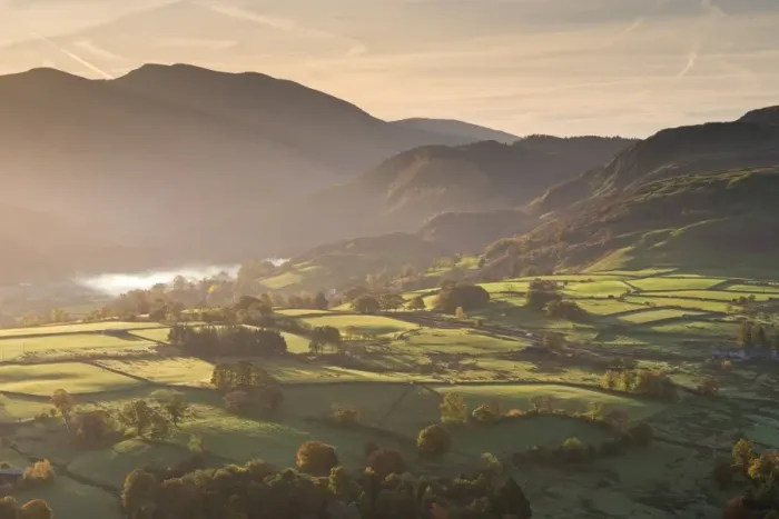 Framed Print : Sunlit rolling countryside near Keswick, Lake District National Park, Cumbria, England
