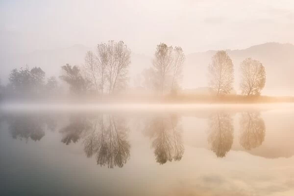 Sunrise in Adda river, Airuno province, Lombardy district, Italy, Europe