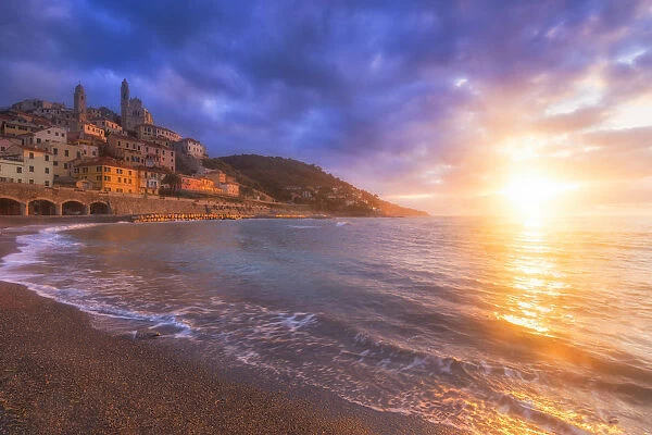 Sunrise on the beach of Cervo, Imperia province, Liguria, Italy