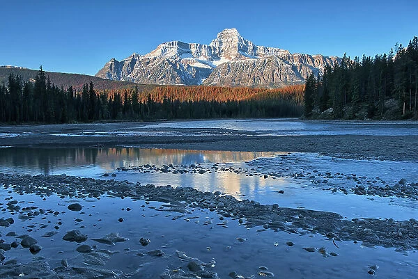Sunrise on the Canadian Rocky Mountains reflected in the Athabasca River, Icefields Parkway, Jasper National Park, Alberta, Canada