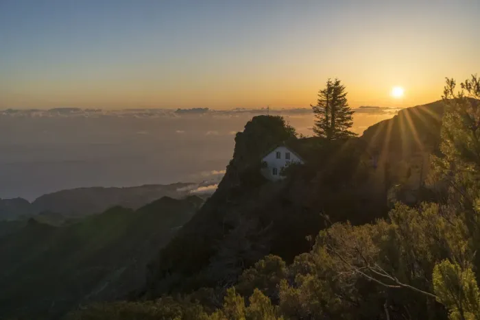 Framed Print : Sunrise behind Casa do Obrigo hut from the trail to Pico Ruivo. Achada do Teixeira Framed Print : Sunrise behind Casa do Obrigo hut from the trail to Pico Ruivo. Achada do Teixeira