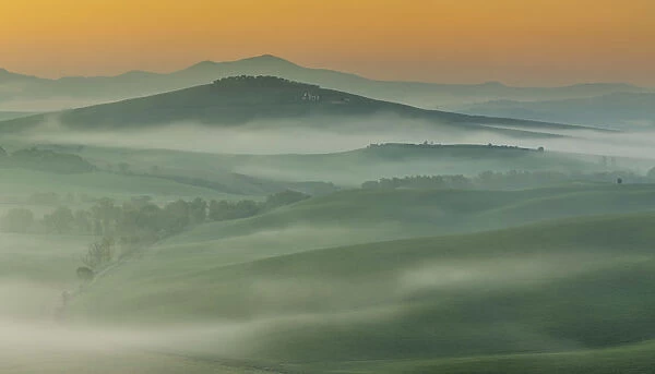 sunrise in the fields of the Val d Orcia, Siena province, Tuscany, Italy