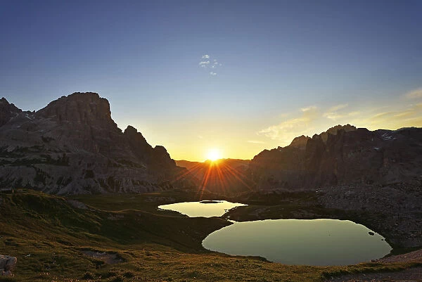 Sunrise over the floors lakes, Altensteiner Valley, Three Peaks, Sexten Dolomites