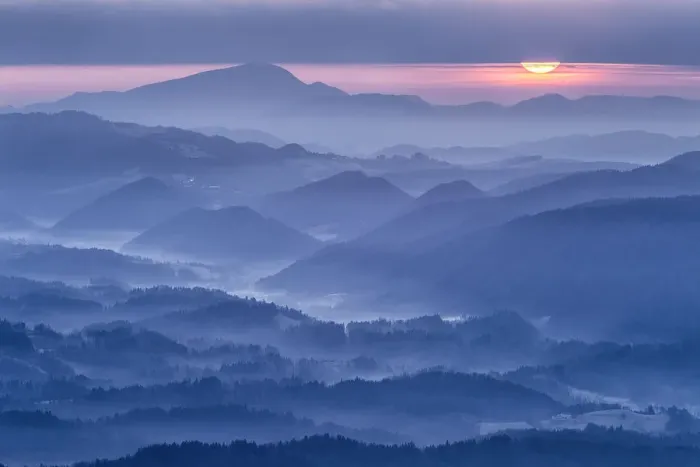 Framed Print : Sunrise over the foothils of the Kamnik Savinja Alps, Kravavec, Slovenia Framed Print : Sunrise over the foothils of the Kamnik Savinja Alps, Kravavec, Slovenia
