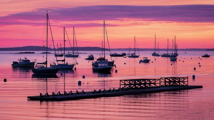 Framed Print : Sunrise over harbor, Camden, Maine, USA