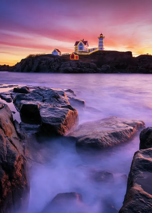 Framed Print : Sunrise with holiday lights at Nubble Lighthosue, Cape Neddick, Maine, USA