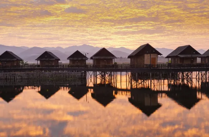 Framed Print : Sunrise & hotel cabins over Inle Lake, Inle, Shan State, Myanmar (Burma) Framed Print : Sunrise & hotel cabins over Inle Lake, Inle, Shan State, Myanmar (Burma)