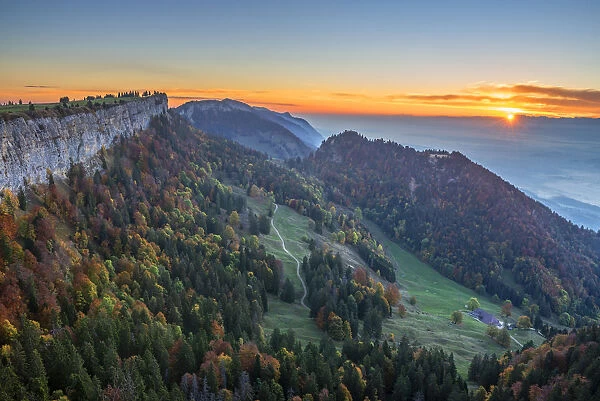 Sunrise in the Jura seen from mountain Grenchen, Grenchen, Solothurn, Switzerland