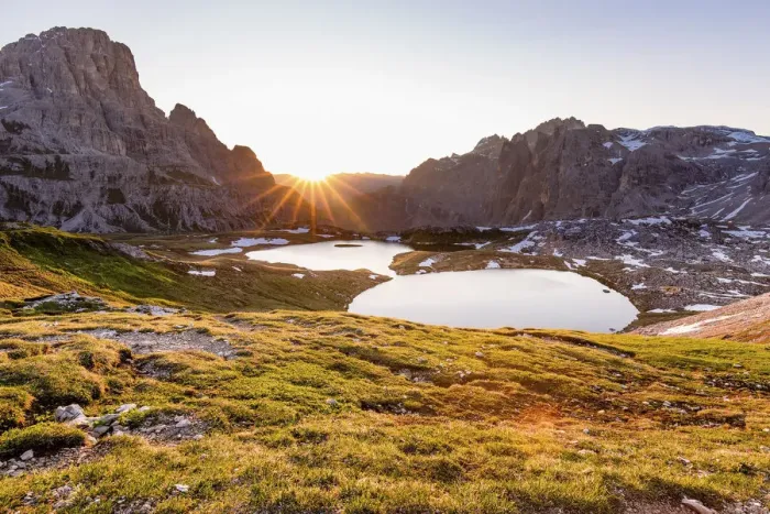 Framed Print : Sunrise at the Lakes of the Plans, Natural Park Three Peaks, Sesto Pusteria, Bolzano