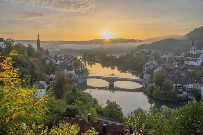 Framed Print : Sunrise above Laufenburg with river Rhine, Southern Black Forest, Baden-Wurttemberg, Germany Framed Print : Sunrise above Laufenburg with river Rhine, Southern Black Forest, Baden-Wurttemberg, Germany
