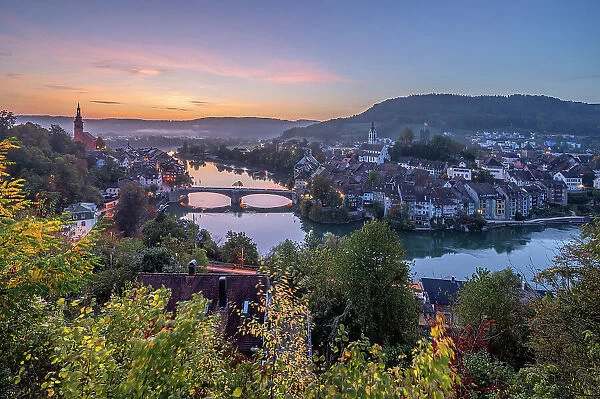 Sunrise above Laufenburg with river Rhine, Southern Black Forest, Baden-Wurttemberg, Germany