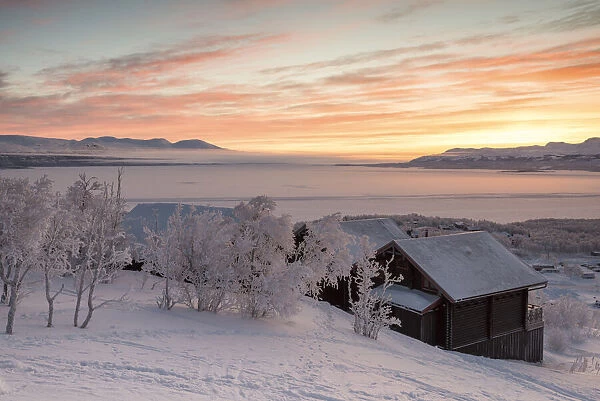 Sunrise on the little village, Bjorkliden, Abisko, Kiruna Municipality, Norrbotten County