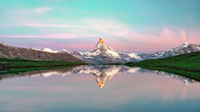 Framed Print : Sunrise over Matterhorn reflected in Stellisee idyllic mountain lake, Zermatt, Canton of Valais, Switzerland