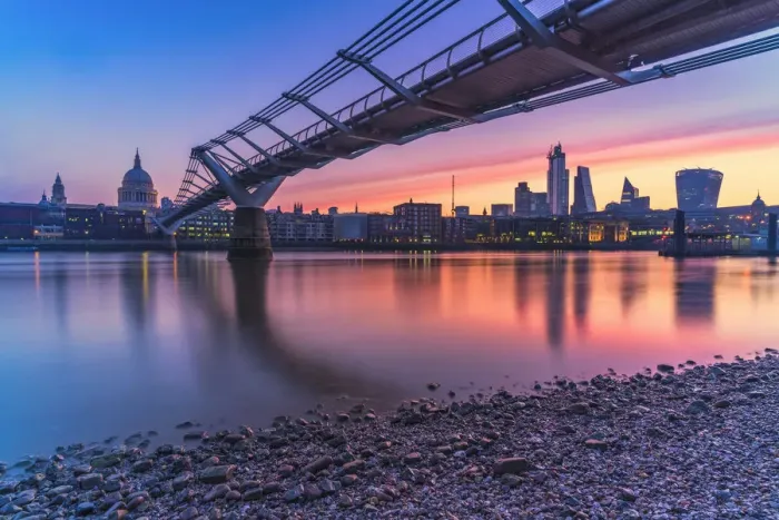 Framed Print : Sunrise over Millennium Bridge, St Pauls Cathedral and financial district Framed Print : Sunrise over Millennium Bridge, St Pauls Cathedral and financial district