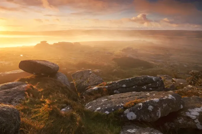 Framed Print : Sunrise over a misty moor viewed from Littaford Tor, Dartmoor, Devon, England. Autumn Framed Print : Sunrise over a misty moor viewed from Littaford Tor, Dartmoor, Devon, England. Autumn