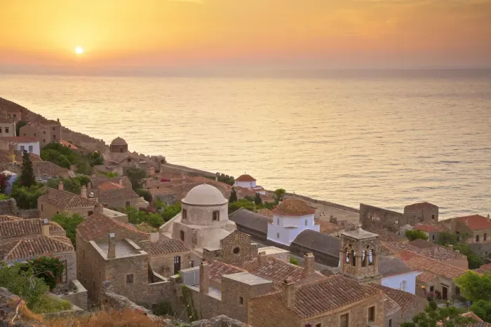 Framed Print : Sunrise Over Monemvasia, Laconia, The Peloponnese, Greece, Southern Europe