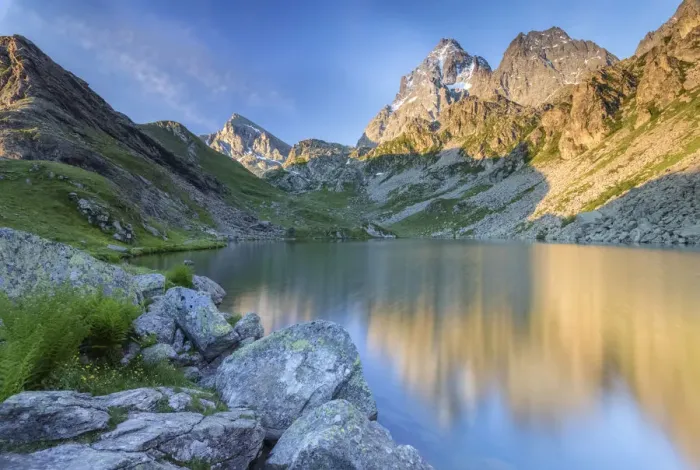 Framed Print : Sunrise on Monviso and Visolotto from the shores of Lago Fiorenza, Crissolo, Po