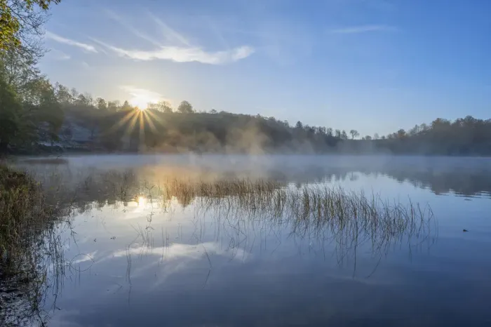 Framed Print : Sunrise with morning fog at the Weinfelder Maar, Daun, Eifel, Rhineland-Palatinate Framed Print : Sunrise with morning fog at the Weinfelder Maar, Daun, Eifel, Rhineland-Palatinate