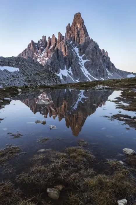 Framed Print : Sunrise of Mount Paterno reflected in a puddle, Natural Park Three Peaks, Sesto Pusteria Framed Print : Sunrise of Mount Paterno reflected in a puddle, Natural Park Three Peaks, Sesto Pusteria