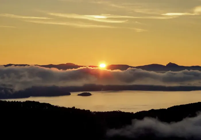 Framed Print : Sunrise over Nahuel Huapi Lake seen from Cerro Campanario, Nahuel Huapi National Park