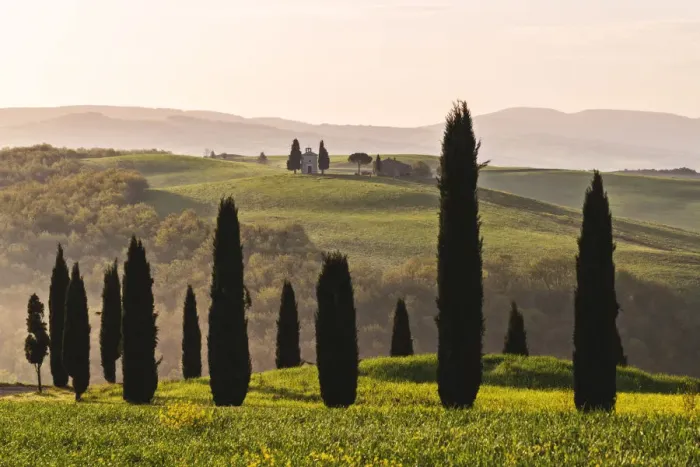Framed Print : Sunrise in Orcia valley, Vitaleta chapel in San Quirico d Orcia, Italy, Tuscany
