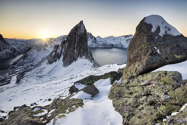 The sunrise at the peak called Segla, Hesten, Fjordgard, Mefjorden, Senja, Tromso, Norway