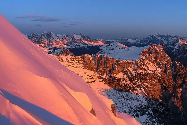 Sunrise on the top of Pizzocco Mount, Belluno province, Italy, Europe
