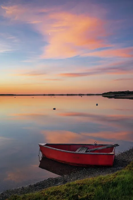 Framed Print : Sunrise over red rowboat at a marsh on Cape Cod, Massachusetts, USA Framed Print : Sunrise over red rowboat at a marsh on Cape Cod, Massachusetts, USA