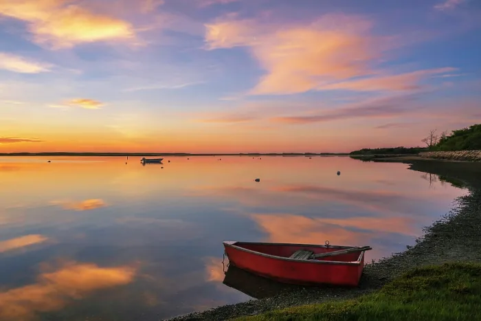 Framed Print : Sunrise over red rowboat at a marsh on Cape Cod, Massachusetts, USA Framed Print : Sunrise over red rowboat at a marsh on Cape Cod, Massachusetts, USA