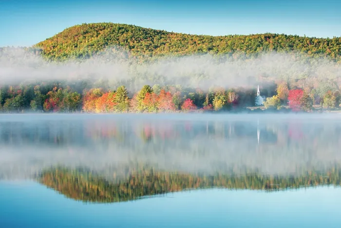 Framed Print : Sunrise reflection on Crystal Lake with fog and white chapel, White Mountain National Forest, Eaton, New Hampshire, USA Framed Print : Sunrise reflection on Crystal Lake with fog and white chapel, White Mountain National Forest, Eaton, New Hampshire, USA