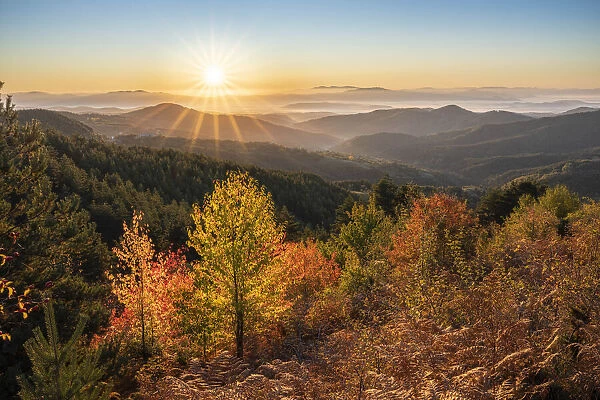 Sunrise in the Rhodope Mountains in autumn, Bulgaria