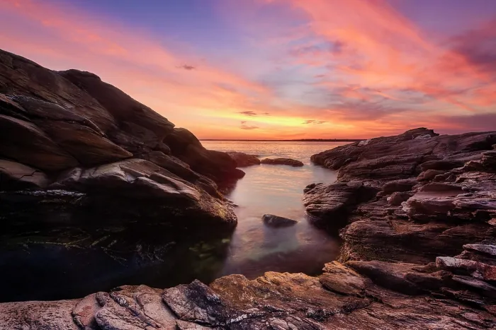 Framed Print : Sunrise on the rocks at Beavertail State Park on Narragansett Bay, Jamestown, Rhode Island, USA