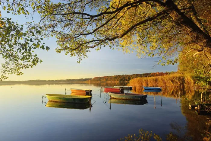 Framed Print : Sunrise with rowing boats at Bestensee in autumn, Dahme-Spreewald nature reserve Framed Print : Sunrise with rowing boats at Bestensee in autumn, Dahme-Spreewald nature reserve