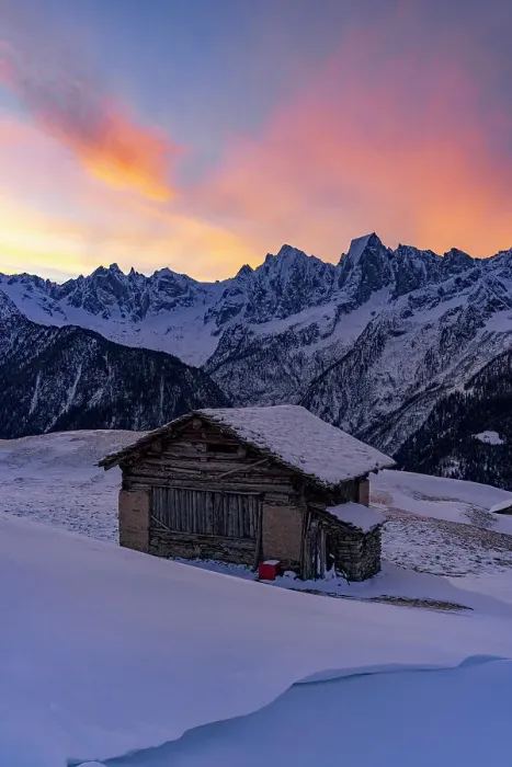 Framed Print : Sunrise over snowy mountains view from lone alpine chalet, Tombal, Soglio, Val Bregaglia, Graubunden, Switzerland Framed Print : Sunrise over snowy mountains view from lone alpine chalet, Tombal, Soglio, Val Bregaglia, Graubunden, Switzerland