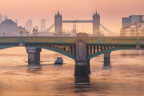 Sunrise over Southwark Bridge and London Bridge along River Thames, London, United