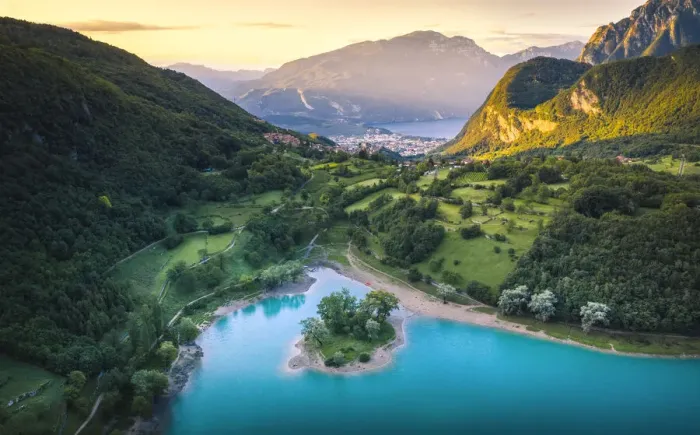 Framed Print : Sunrise in Tenno Lake with Riva del Garda and Baldo mountain on the background