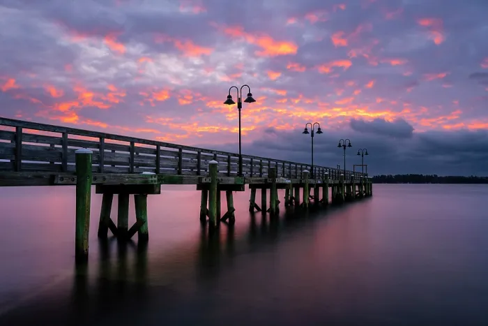 Framed Print : Sunrise over Town Landing Pier, Falmouth, Maine, USA Framed Print : Sunrise over Town Landing Pier, Falmouth, Maine, USA