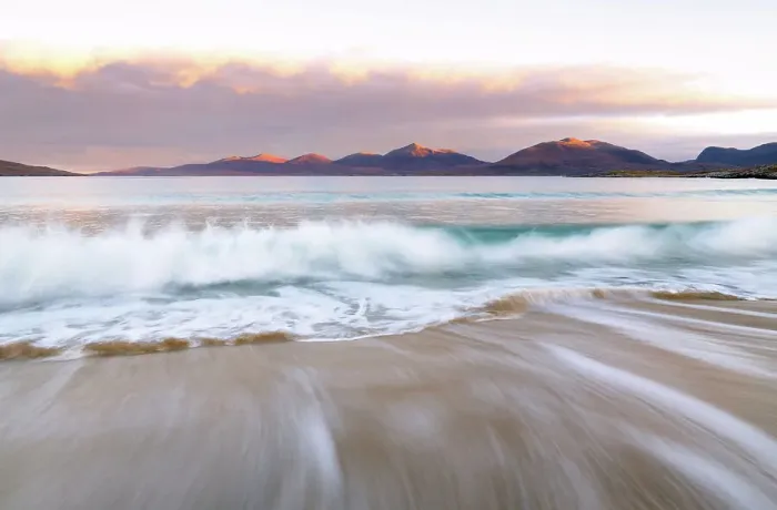 Framed Print : Sunrise over Traigh Rosamol (Rosamol beach), looking towards Harris Hills, Isle of Harris, Outer Hebrides, Scotland