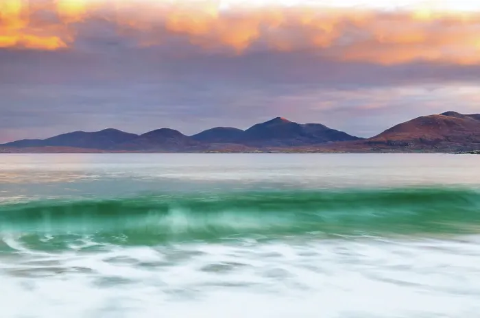 Framed Print : Sunrise over Traigh Rosamol (Rosamol beach), looking towards Harris Hills, Isle of Harris, Outer Hebrides, Scotland