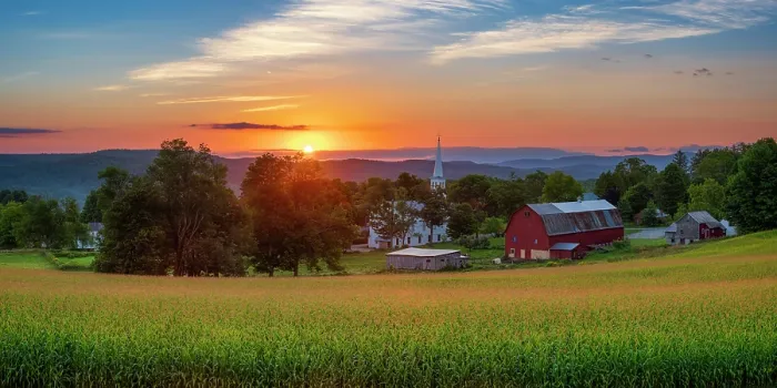 Framed Print : Sunrise over white-steeple church and red barn, Green Mountains, Peacham, Vermont, USA