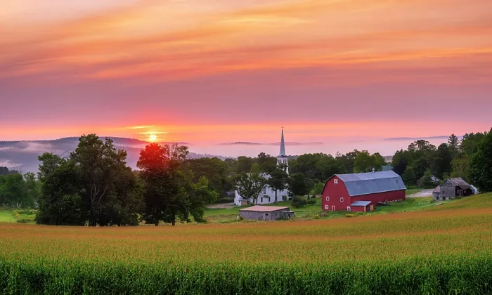 Framed Print : Sunrise over white-steeple church and red barn with corn field, Green Mountains, Peacham, Vermont, USA Framed Print : Sunrise over white-steeple church and red barn with corn field, Green Mountains, Peacham, Vermont, USA