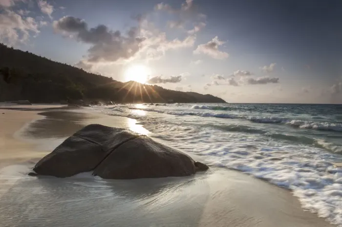 Framed Print : Sunset at Anse Lazio, La Digue, Seychelles, Indian Ocean, Africa