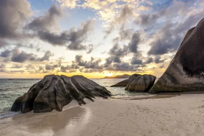 Framed Print : Sunset at Anse Source d Argent, La Digue island, Seychelles, Africa Framed Print : Sunset at Anse Source d Argent, La Digue island, Seychelles, Africa