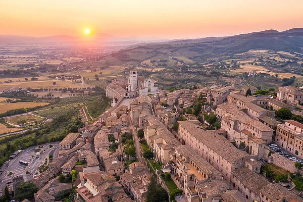 Sunset over Assisi, Perugia province, Umbria, Italy, Europe