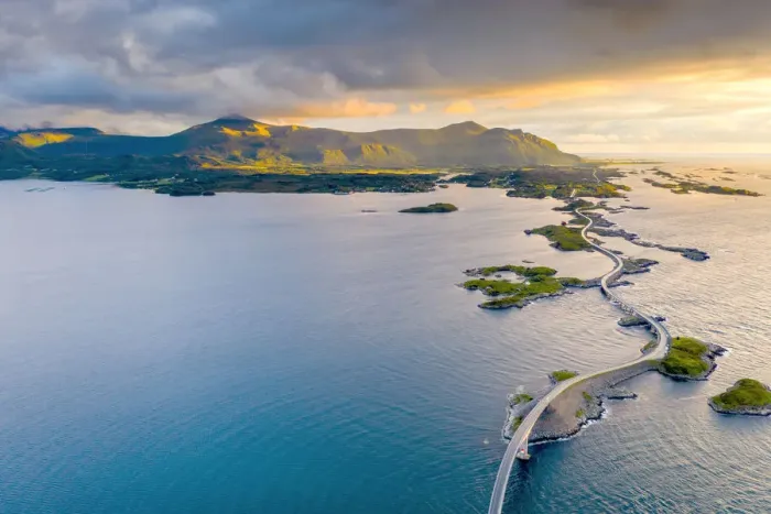 Framed Print : Sunset over the Atlantic Road connecting mainland and islands, aerial view