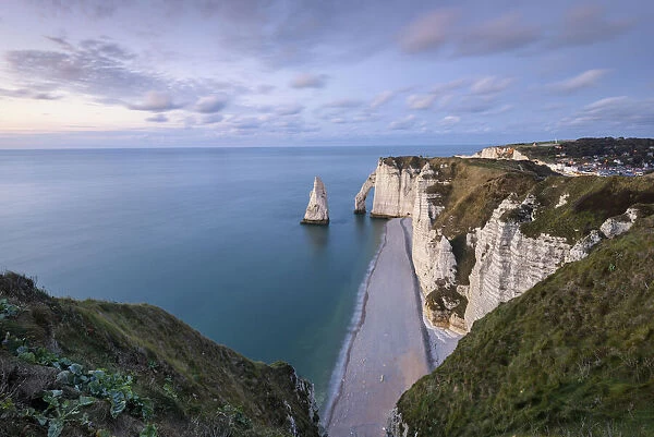 Sunset at Aval Cliff of Etretat, Alabaster Coast, Seine Maritime, Pays de Caux Normandy, France, Western Europe